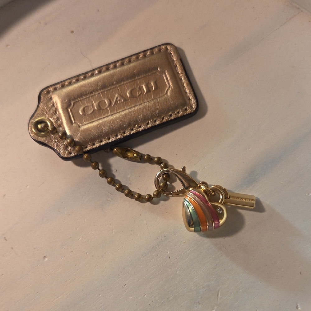 Coach Pink Metallic Leather Tag Keychain with Multicolor Heart Charm